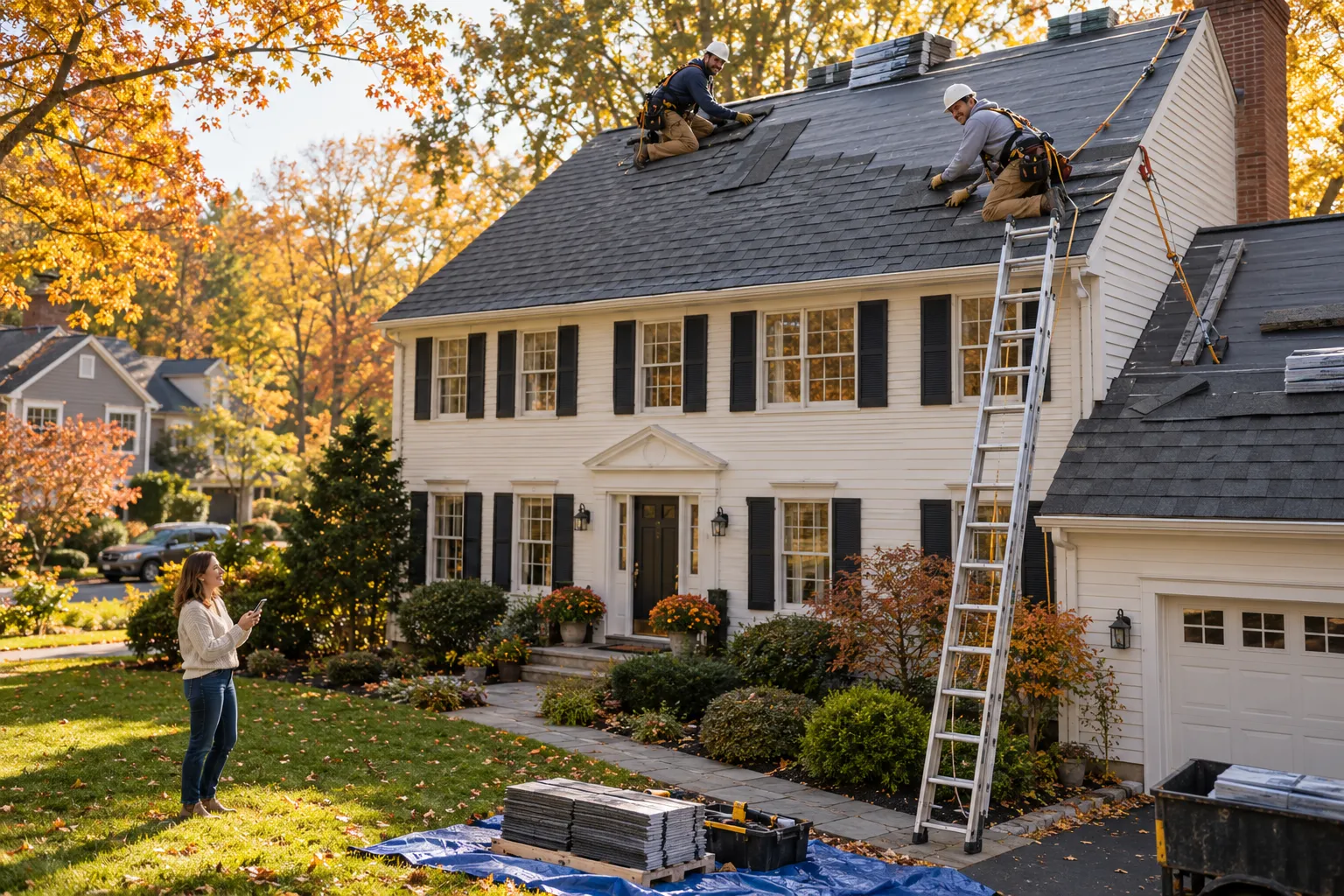 Local roofing crew replacing asphalt shingles on a colonial home in the Hampstead area on a clear autumn day